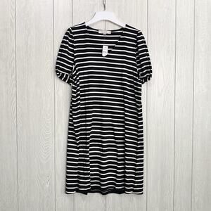 LOFT Black White Stripe Short Sleeve V-Neck Dress Medium NWT
